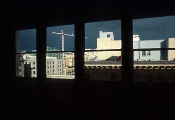 Portland Skyline, through Stairwell Windows, Storm Coming, photo