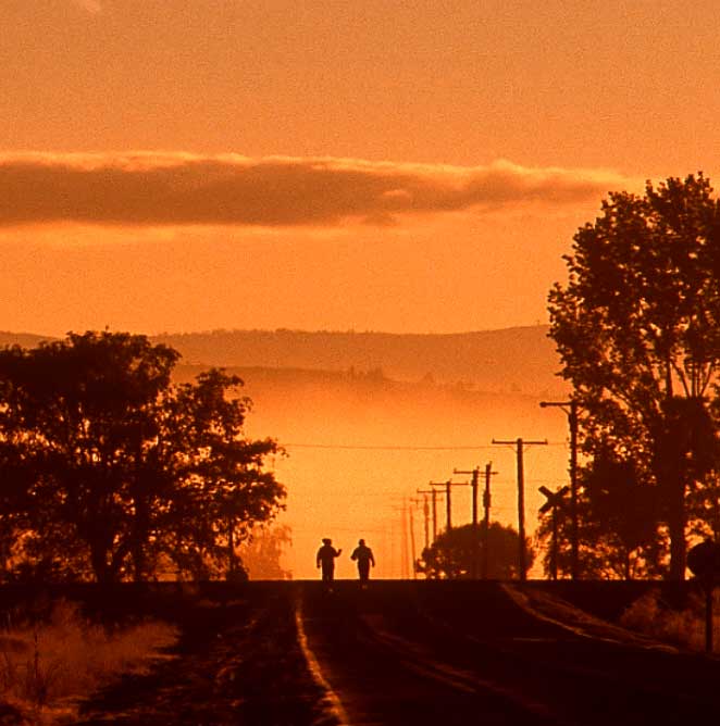 Walkers at dawn, Anderson Road, Merrill, Oregon