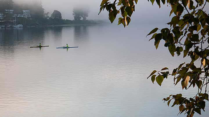 Morning float, rowers on Willamette River