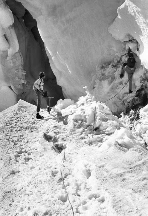 Mt. Hood, Sunshine Route, crossing the bergschrund    